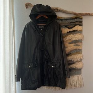 WILSON Vintage Black Bomber Leather Jacket 80s Hooded Toggle Cinch Waist XL